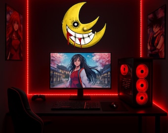 Soul Eater Mond Holz Wandkunst, lächelnder Mond Holz Ausschnitt, Gothic Anime Raum Dekor, Halbmond Wandbehang, Gaming Einrichtung Dekor
