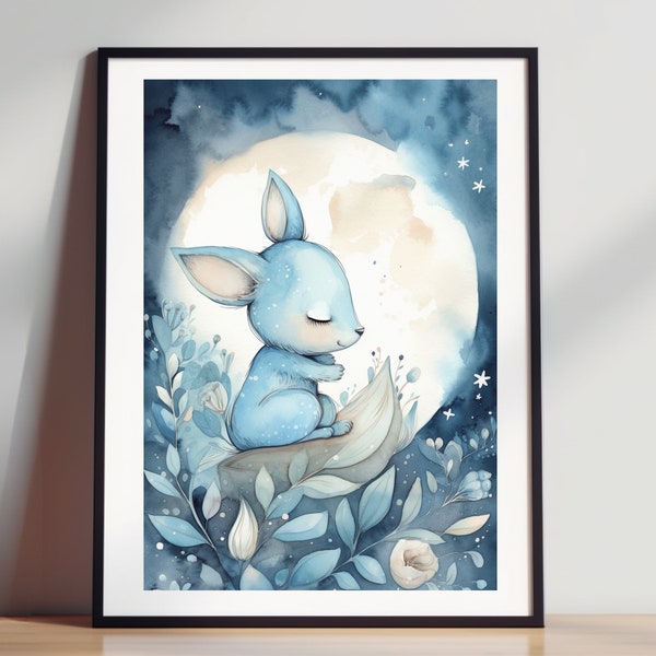 Watercolor Baby Bunny Nursery Art - Dreamy Moon and Stars Gender-Neutral Children's Room Wall Decor Print