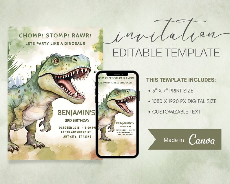 Dinosaur Birthday Party Invitation Editable and Printable - Etsy