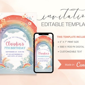 Rainbow Birthday Party Digital Invitation - Colorful Rainbow Invite - Editable Template for Instant Download