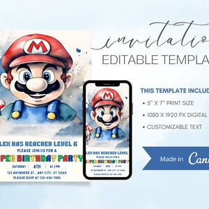 Super Mario Birthday Invitation - Editable  Canva Template - Instant Download - Mario Bros Party Theme