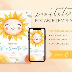 First Trip Around the Sun Invitation - Whimsical Sun Design - Kids 1st Birthday - Custom Text - Digital & Print Sizes - Canva Template
