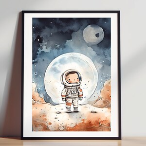 Astronaut in Space Print, Space Themed Nursery, Kids Room and Playroom decor, Moon and Stars Watercolor Art, High-Quality Digital Download