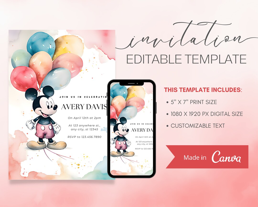 Mickey Mouse Birthday Invitation Template Editable and Printable ...