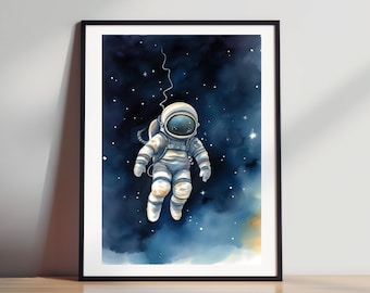 Watercolor Astronaut in Space Print - High-Quality Digital Download for Kids Room and Playroom Wall Decor