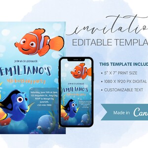 Orange and Blue Fish Birthday Invitation - Underwater Duo Theme - Customizable Text & Age - Digital Canva Template