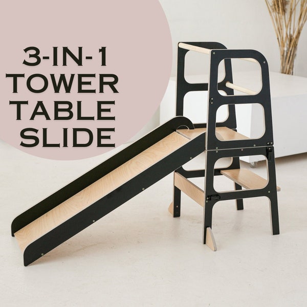 3in1 Learning Kitchen Tower Table Slide Safe and Stable Montessori helper tower Convertible step stool Transformable helper tower