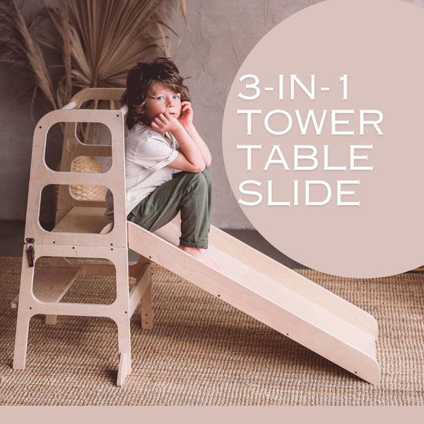 3in1 Kids Learning Kitchen Tower Table Slide, Lernturm, Helper tower, Safe and Stable toddler tower, Transformable step stool, Foldable