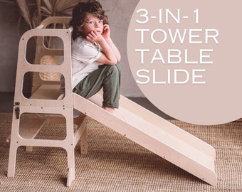 3in1 Kids Learning Kitchen Tower Table Slide, Lernturm, Helper tower, Safe and Stable toddler tower, Transformable step stool, Foldable