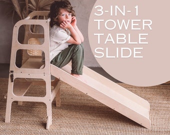 3in1 Kids Learning Kitchen Tower Table Slide, Lernturm, Helper tower, Safe and Stable toddler tower, Transformable step stool, Foldable