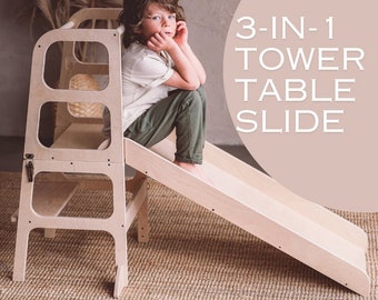 3in1 Kids Learning Kitchen Tower Table Slide, Lernturm, Helper tower, Safe and Stable toddler tower, Transformable step stool, Foldable