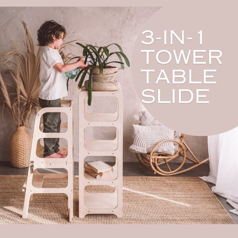 3in1 Kids Learning Kitchen Tower Table Slide, Lernturm, Helper tower, Safe and Stable toddler tower, Transformable step stool, Foldable image 4