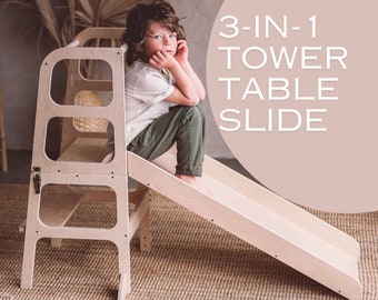 3in1 Kids Learning Kitchen Tower Table Slide, Lernturm, Helper tower, Safe and Stable toddler tower, Transformable step stool, Foldable