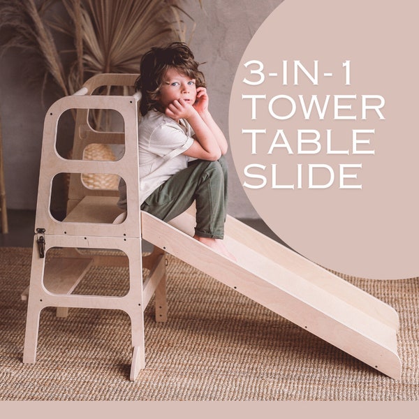 3in1 Kids Kitchen Tower Table Slide, Lernturm, Helper tower, Safe and Stable toddler tower, Transformable step stool, Foldable toddler tower