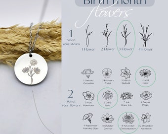 Birth Month Flower Bouquet Necklace, Engraved Custom Disc Charm, Floral Pendant, Wildflower Jewelry, Mom Birthday Gift, Can Be Personalized