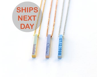 Custom 3D Bar Necklace, Personalized Stainless Steel Column Pendant