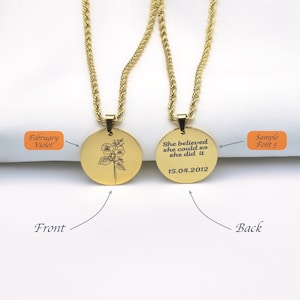 gravierte Disc Charme, Geburt Monat Blume Halskette, Geburt Blume Schmuck, Geburtstagsgeschenk, kann personalisiert werden