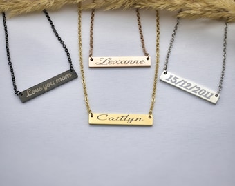 Personalized Horizontal Bar Necklace, Engraved Stainless Steel, Custom Name, Date, Coordinates
