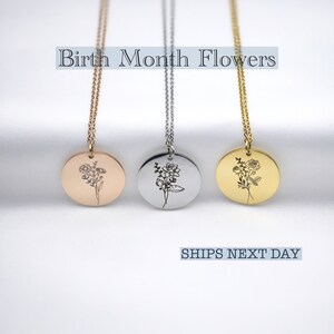 Geburtsmonat Blumenhalskette, Gravur benutzerdefinierte Disc Charme, Edelstahl, Geburtsblumen Schmuck, Geburtstagsgeschenk, kann personalisiert werden