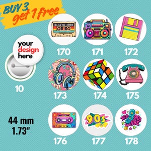 Pode incluir: Uma coleção de botões redondos com designs retrô, incluindo uma fita cassete, um rádio, um disquete, fones de ouvido, um cubo de Rubik e um telefone. Os botões têm 44 mm de diâmetro.