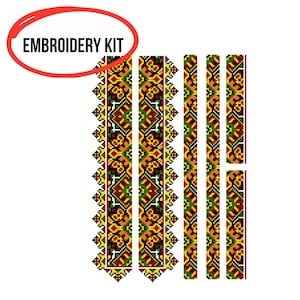 Könnte beinhalten: Ein Stickset mit einem farbenfrohen geometrischen Muster in Gelb-, Orange-, Grün- und Rottönen. Das Set enthält mehrere Stoffstreifen mit dem Design, und die Worte "EMBROIDERY KIT" befinden sich in einem roten Kreis.