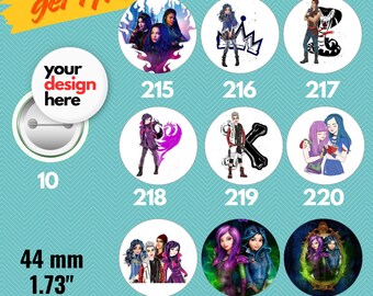 Descendants 44mm Pin Buttons, Custom Fan Merchandise, Gift for Teens