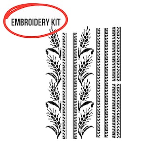 May include: An embroidery kit pattern featuring black pixelated wheat stalks and geometric border designs on a white background. The text EMBROIDERY KIT is enclosed in a red oval at the top left, indicating the contents of this craft design template.