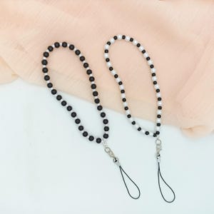 Beaded Phone Charm Strap, black and white, personalized beaded Wristlet, Handmade Beaded Strap, Phone Accessory, Acrylic Pearl phone charm