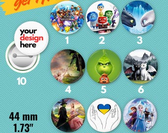 Custom Pinback Buttons, Personalized Movie Cartoon Meme Pins (44mm)