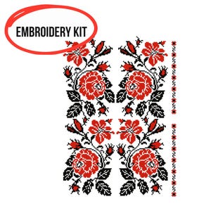 Puede incluir: Kit de bordado con un diseño floral de rosas rojas, capullos y hojas sobre un fondo blanco. El diseño incluye patrones de punto de cruz negros y rojos. Las palabras "Embroidery Kit" están en un óvalo rojo.