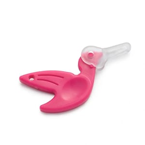 May include: A pink plastic baby spoon in the shape of a bird with a clear, soft tip. The spoon has a curved handle and a small hole near the tip. The bird's head is a clear, soft plastic. The spoon is designed for feeding infants.