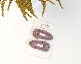 Pinzas para el cabello de bebé color lavanda tejidas a mano: Juego de pinzas a presión estilo vintage