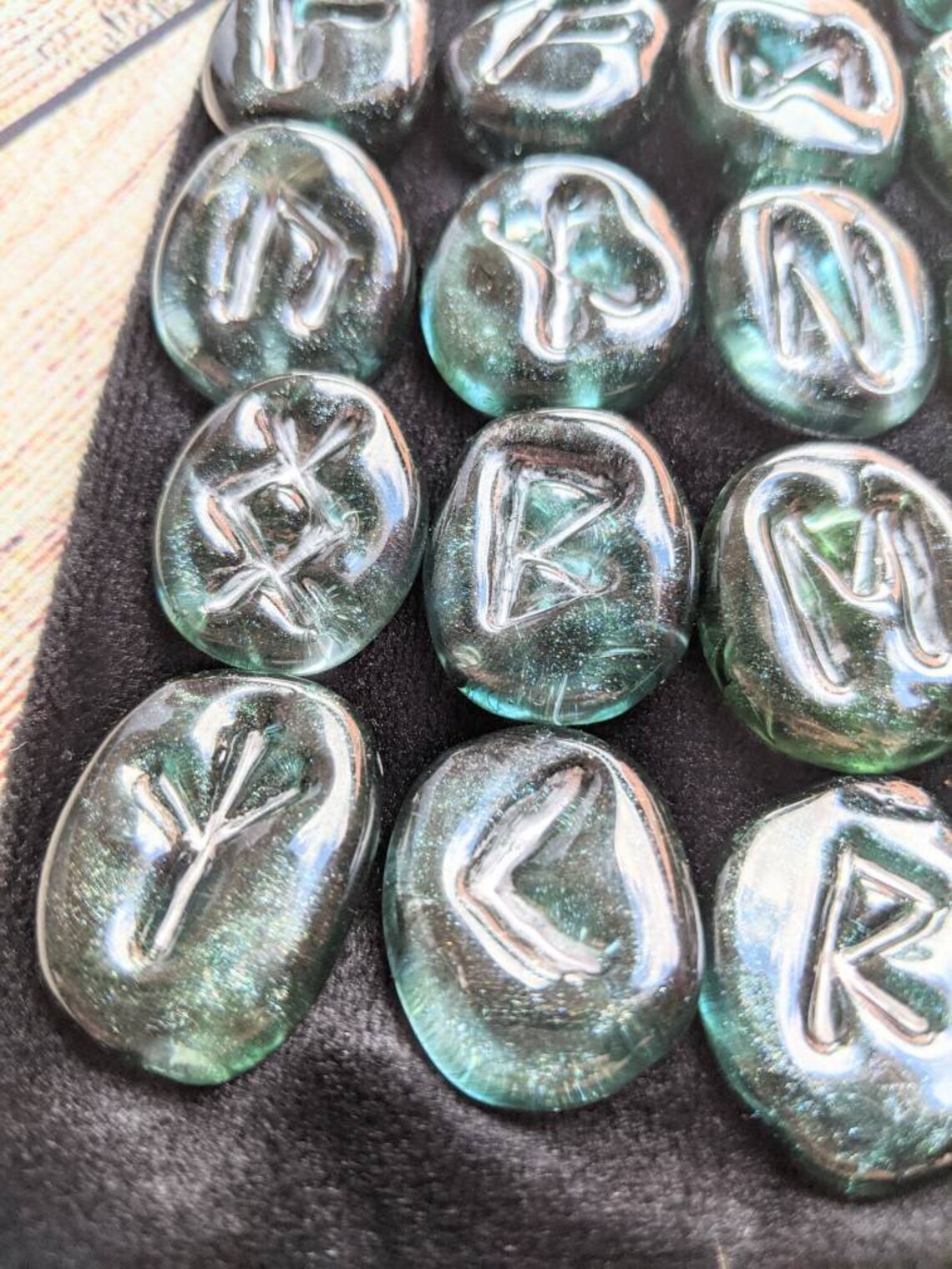 Handmade Glass Full Nordic Rune Set Blue Sparkle Silver Etsy