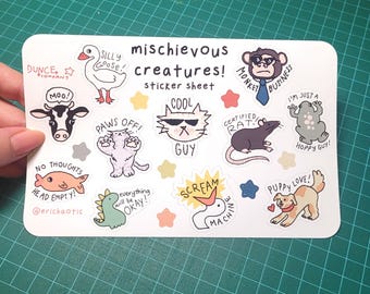 Mischievous Creatures Sticker Sheet – Silly Animal Drawings