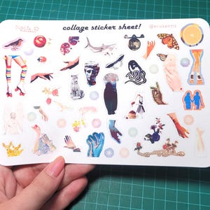 Puede incluir: Una hoja de pegatinas blanca con varias imágenes estilo collage, incluyendo un pájaro, un tiburón, una mariposa y una figura humana. La hoja también presenta el texto "collage sticker sheet!" y el nombre de usuario de Instagram "@erichaotic".