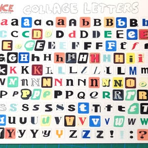 Hojas de calcomanías con letras recortadas en collage. ¡Calcomanías de vinilo geniales con más de 200 letras recortadas en collage para crear álbumes de recortes estéticos, diarios y más!
