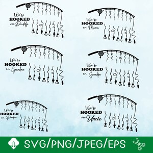 Paquete SVG de la familia Hooked On: Tema de pesca, hasta 7 nombres (descarga digital)