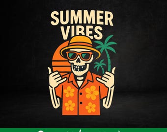 Summer Vibes Skull PNG | Retro Beach Skeleton Clipart | Tropical Shirt Design