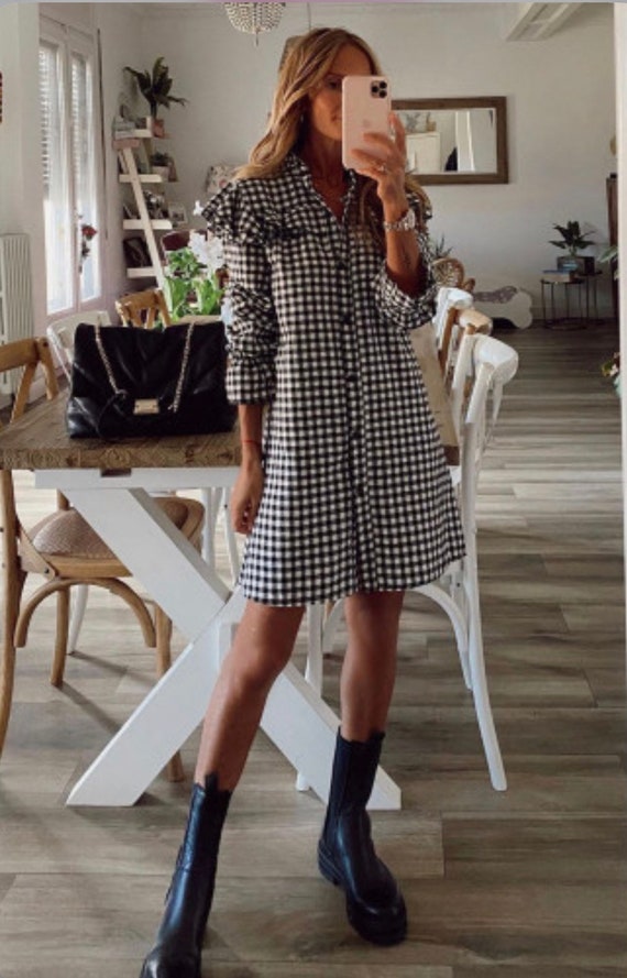 Black Plaid Long Sleeve Mini Dress - Etsy