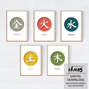Digital Feng Shui 5 elements poster set - Earth, Wood, Water, Fire & Metal Symbols // Set of 5 poster // Harmony Wall Art
