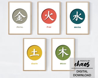 May include: Five framed prints with a circle in the center of each. The circles are in different colors and have a white Chinese character in the center. The characters represent the five elements of Chinese philosophy: Metal, Fire, Water, Earth, and Wood. The prints are labeled with the English translation of each element.