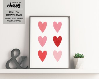 Hearts Print - Valentines Day Wall Art - Nursery Wall Art - Pink and Red Heart Decor - Classroom Decor - Digital Download