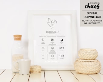 Digital Chinese Horoscope Zodiac print - ROOSTER // Home Decor, Nursery, Birthday // Black and White // Chinese New Year Zodiac