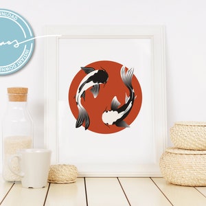 Digital KOI FISH Wall Art - Yin Yang Fish Artwork - Meditation Illustration - Sea Life Poster - Japanese Print
