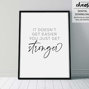 Puede incluir: Arte de pared imprimible en blanco y negro con la cita "No se vuelve más fácil, simplemente te vuelves más fuerte".