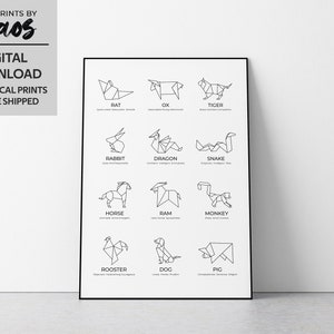 Digital Chinese Horoscope 12 Zodiac print // Home Decor, Nursery, Birthday // Black and White // Chinese New Year Zodiac // Lunar New Year