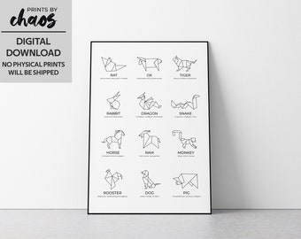 Digitale chinesische Horoskop 12 Sternzeichen Druck / / Home Decor, Kindergarten, Geburtstag / / schwarz und weiß / / chinesische Neujahr Sternzeichen / / Lunar Neujahr