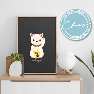 Digital Fortune Lucky Cat // Maneki Neko // Fortune Cat //Talisman Print // Baby Room Decor // Living Room Decor