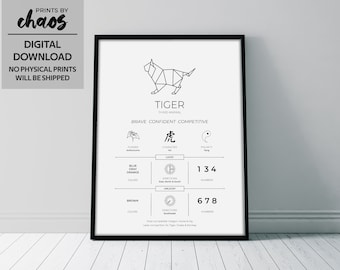Digitale chinesische Horoskop Sternzeichen Druck - TIGER / / Home Decor, Kindergarten, Geburtstag / / schwarz und weiß / / chinesische Neujahr Sternzeichen