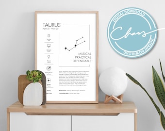 Digital Taurus Zodiac Print - Zodiac Horoscope Printable - Taurus Zodiac Gifts - Taurus Constellation Print - Taurus Art Print